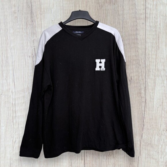 TOMMY HILFIGER Vintage Y2K Spellout Big Stripe Black White Crew Neck Sweatshirt - Picture 2 of 9